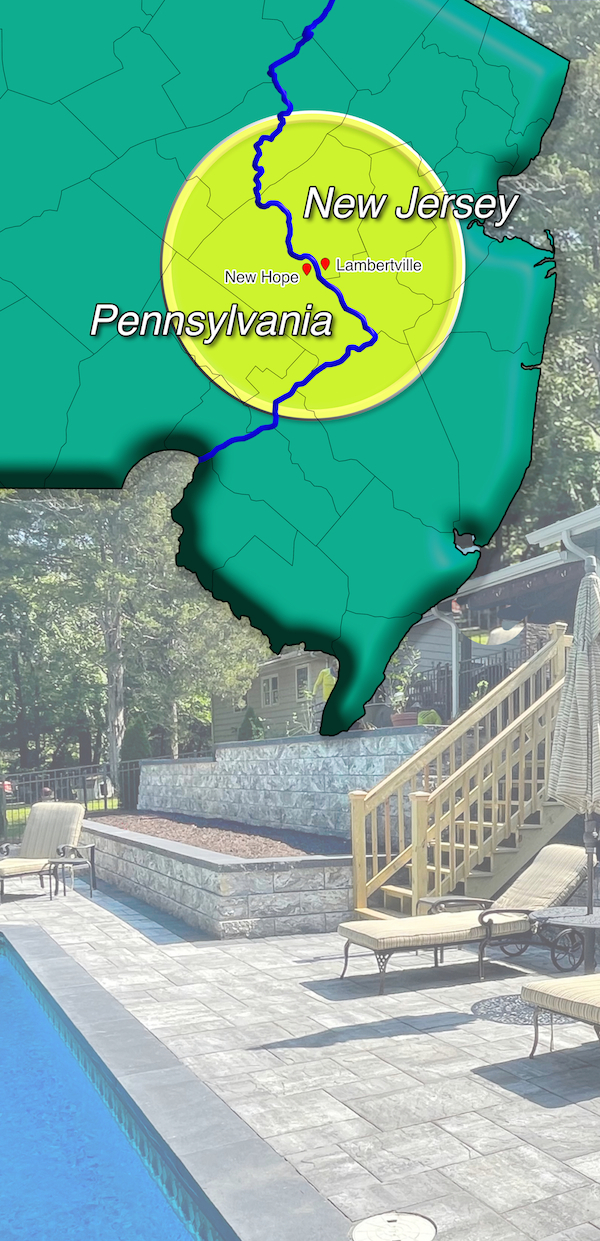Map of our service are showing a circle centrally located over Lambertville NJ and New Hope PA.  The service area circle has roughly a 50 mile radius and include parts of the following counties in New Jersey: Hunterdon, Somerset, Mercer, Middlesex, Monmouth, Burlington, Camden, Ocean, Morris, Warren.  In Pennsylvania it includes parts of the following counties: Bucks, Montgomery, Philadelphia, Lehigh, Berks.  The map graphic overlays a picture of a pool landscaping project showing the pool edge, pavers, retaining walls, and mulch.