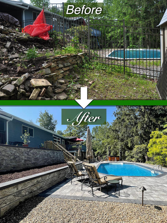 Before and after of pool and retaining wall hardscaping