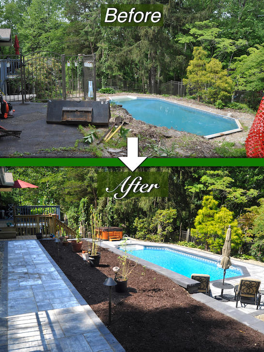 Before and after of pool and walkway hardscaping