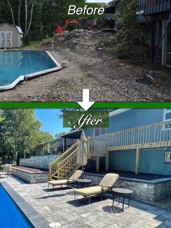 Before and after of retaining wall construction